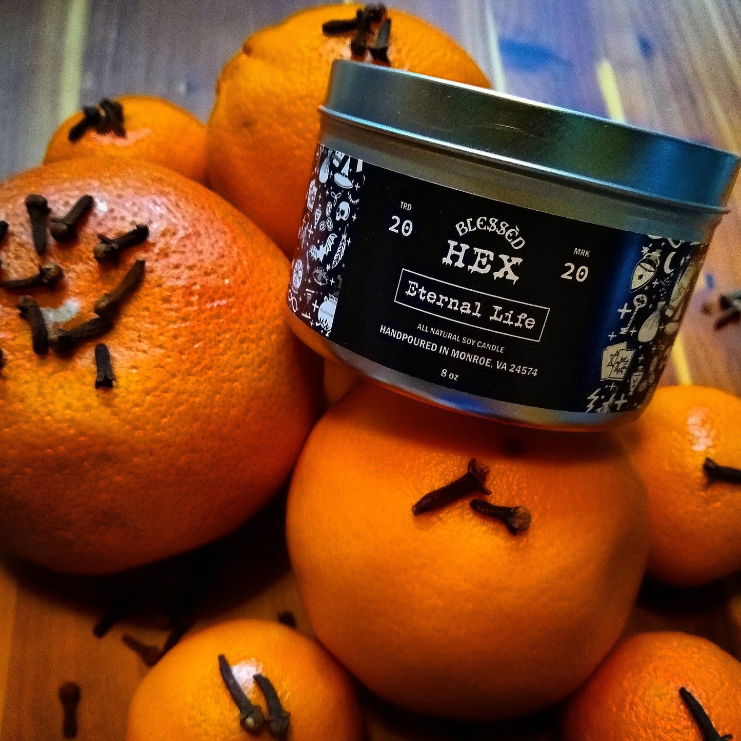 Eternal Life luxury soy candle in a recyclable tin, a spiced clove and cypress metaphysical healing fragrance from Blessèd Hex