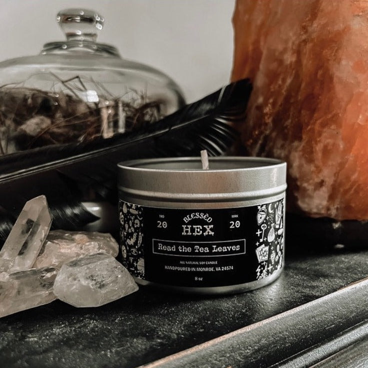 Read the Tea Leaves luxury soy candle in a recyclable tin, an orange and black tea divination fragrance from Blessèd Hex