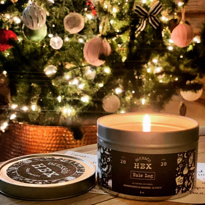 Yule Log luxury soy candle in a recyclable tin, a balsam fir and cinnamon Yule sabbat fragrance from Blessèd Hex