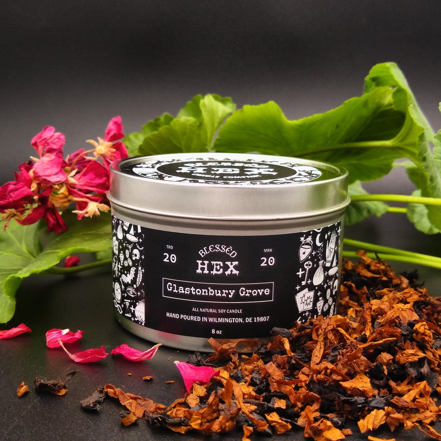 Glastonbury Grove luxury soy candle in a recyclable tin, a chamomile and sage metaphysical fragrance from Blessèd Hex