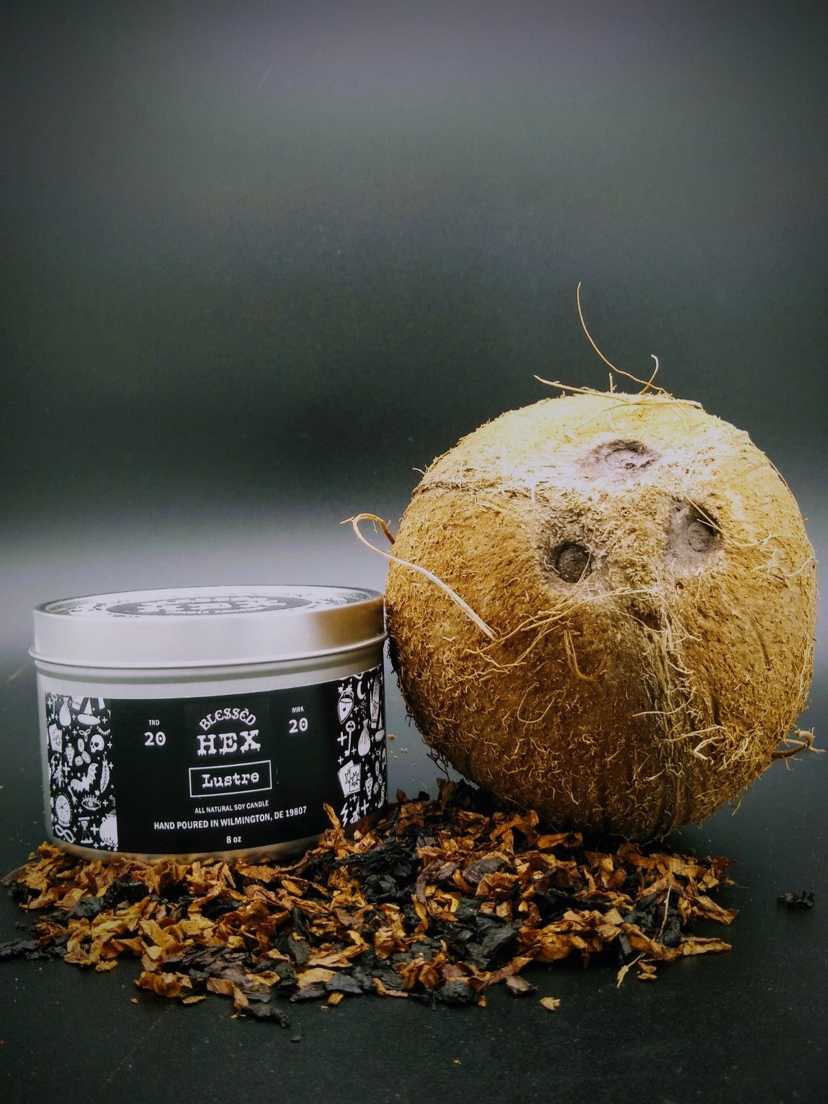 Lustre luxury soy candle in a recyclable tin, a sandalwood and coconut cream fragrance from Blessèd Hex