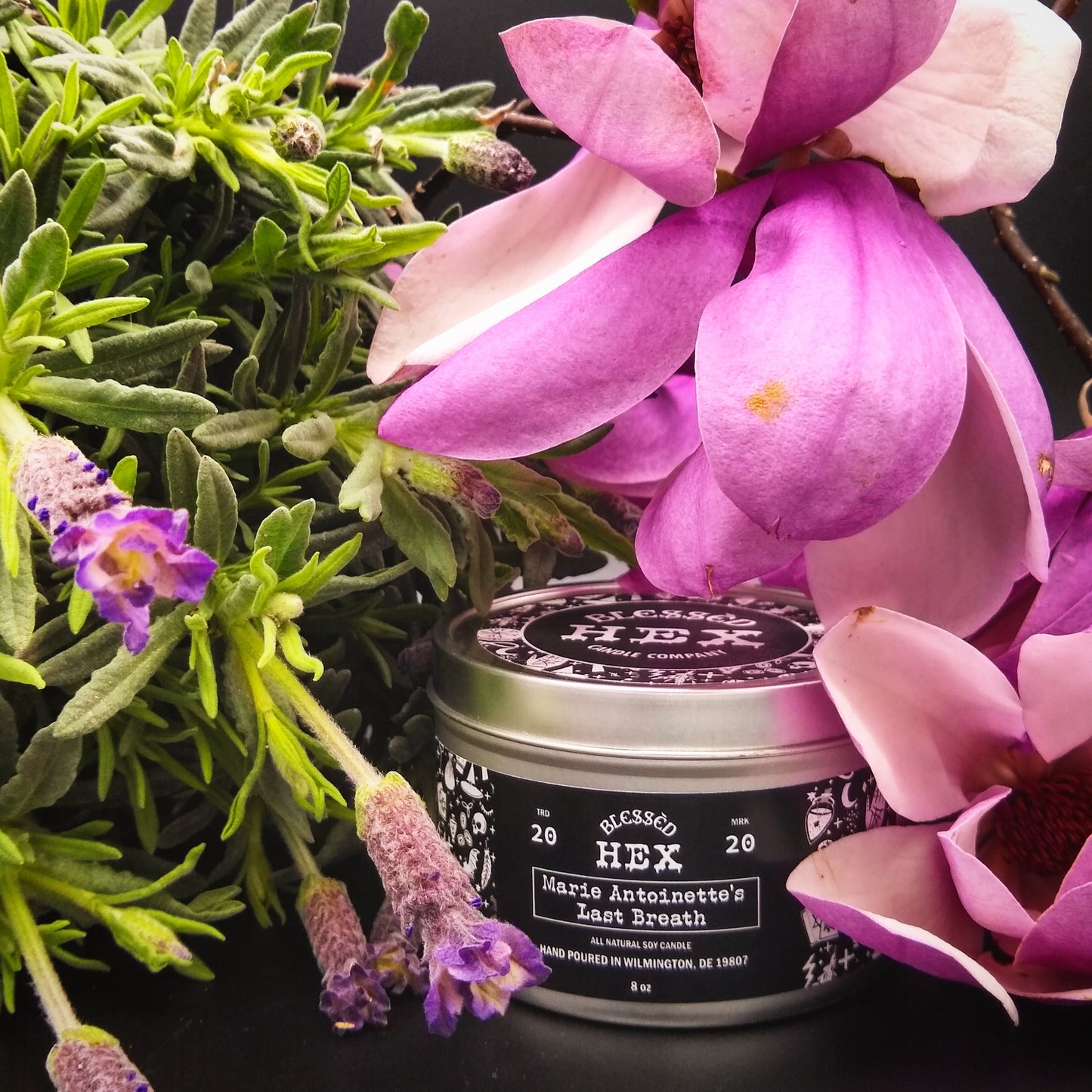 Marie Antoinette's Last Breath luxury soy candle in a recyclable tin, a lavender and magnolia fragrance from Blessèd Hex