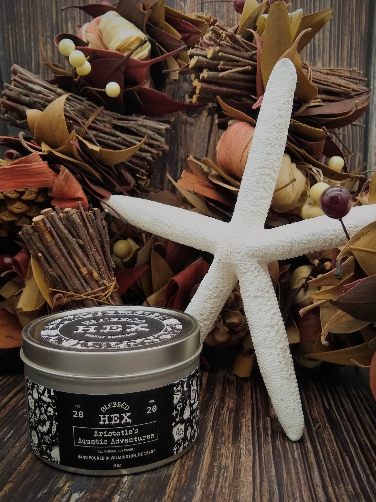 Aristotle's Aquatic Adventures luxury soy candle in a recyclable tin, an earthy tobacco and cedar horror fragrance from Blessèd Hex