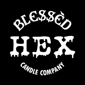 Blessed Hex Candle Company wordmark, with wax dripping from the letters in the word "hex"