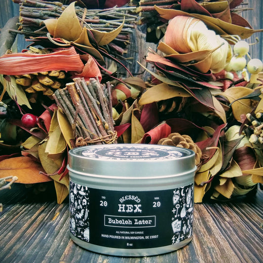 Bubeleh Later luxury soy candle in a recyclable tin, a warm fig and sandalwood fragrance from Blessèd Hex