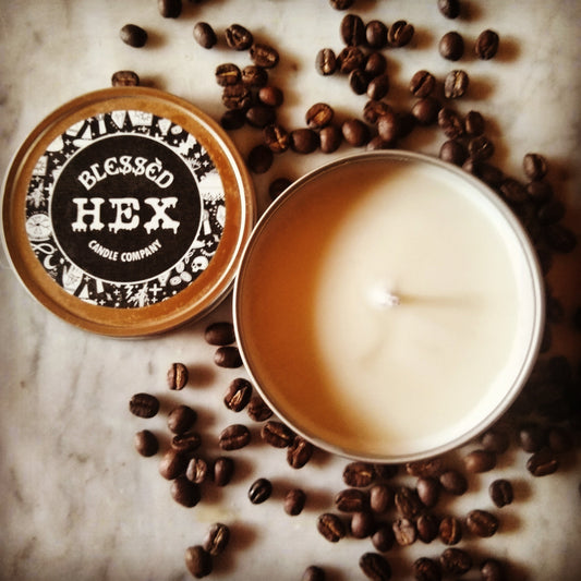 Dark Splendor luxury soy candle in a recyclable tin, a dark roast coffee fragrance from Blessèd Hex