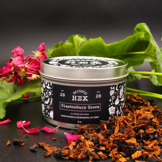 Glastonbury Grove luxury soy candle in a recyclable tin, a chamomile and sage metaphysical fragrance from Blessèd Hex